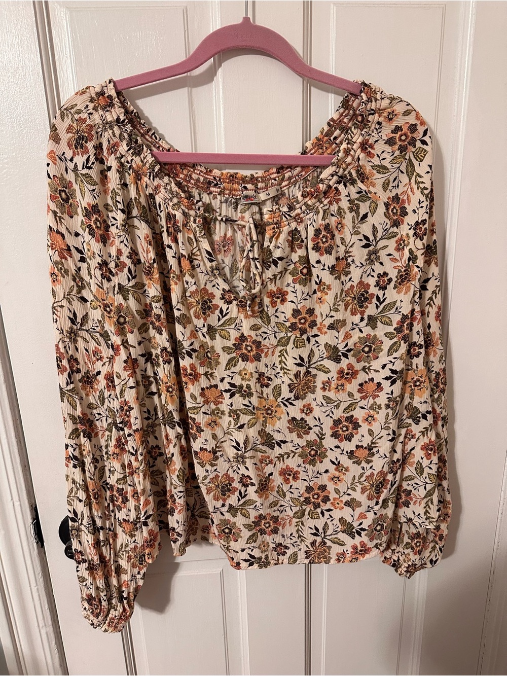 Faherty Cream Floral Peasant Blouse with Rust & Olive Accents